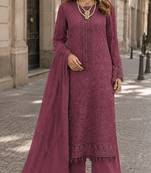 Maroon faux georgette semi stitched suit with embroidery work