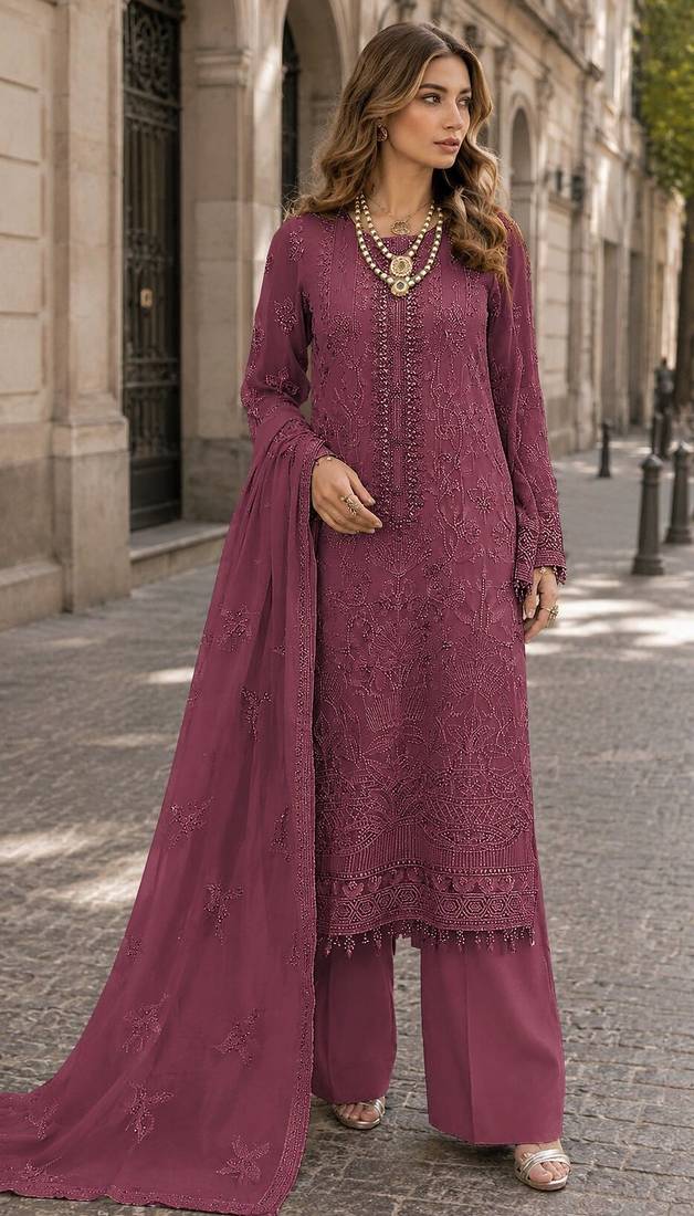 Maroon faux georgette semi stitched suit with embroidery work