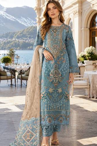 Blue silk semi stitched suit with embroidery & sequence work