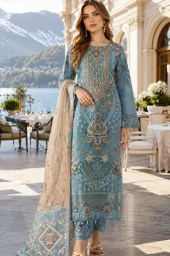 Blue silk semi stitched suit with embroidery & sequence work