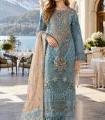 Blue silk semi stitched suit with embroidery & sequence work