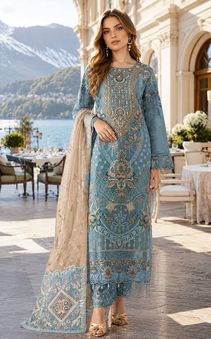Blue silk semi stitched suit with embroidery & sequence work