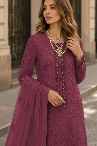Maroon faux georgette semi stitched suit with embroidery work