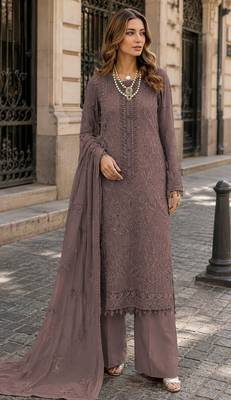 Brown faux georgette suit with embroidery work 1