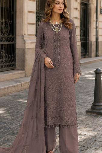 Brown faux georgette semi stitched suit with embroidery work