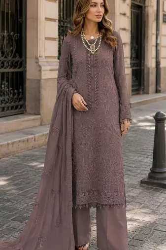 Brown faux georgette semi stitched suit with embroidery work