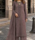 Brown faux georgette semi stitched suit with embroidery work