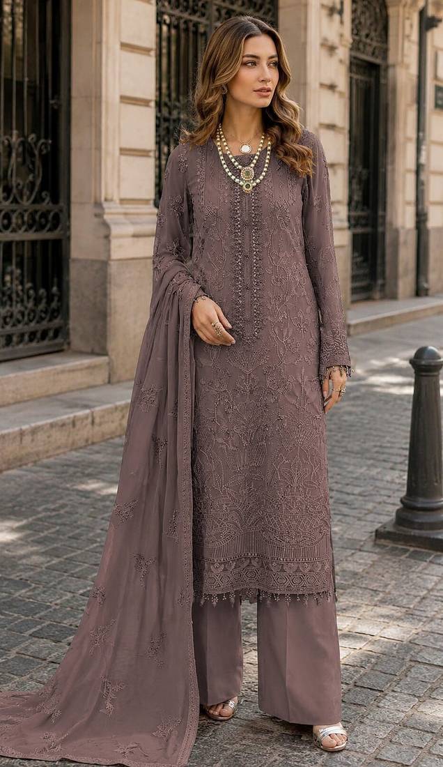 Brown faux georgette semi stitched suit with embroidery work