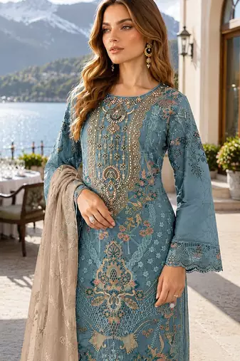 Blue silk semi stitched suit with embroidery & sequence work