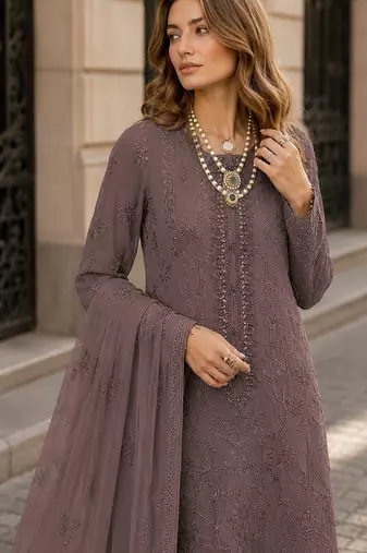Brown faux georgette semi stitched suit with embroidery work