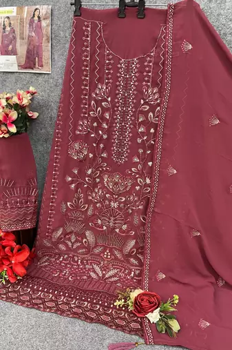 Maroon faux georgette semi stitched suit with embroidery work