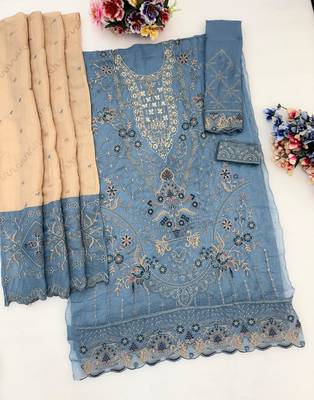 Blue silk suit with embroidery & sequin work 3
