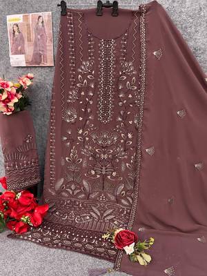 Brown faux georgette suit with embroidery work 3