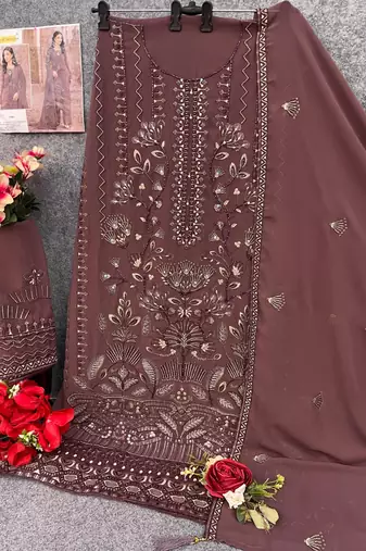 Brown faux georgette semi stitched suit with embroidery work