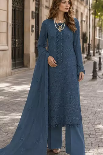 Blue faux georgette semi stitched suit with embroidery work