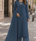 Blue faux georgette semi stitched suit with embroidery work