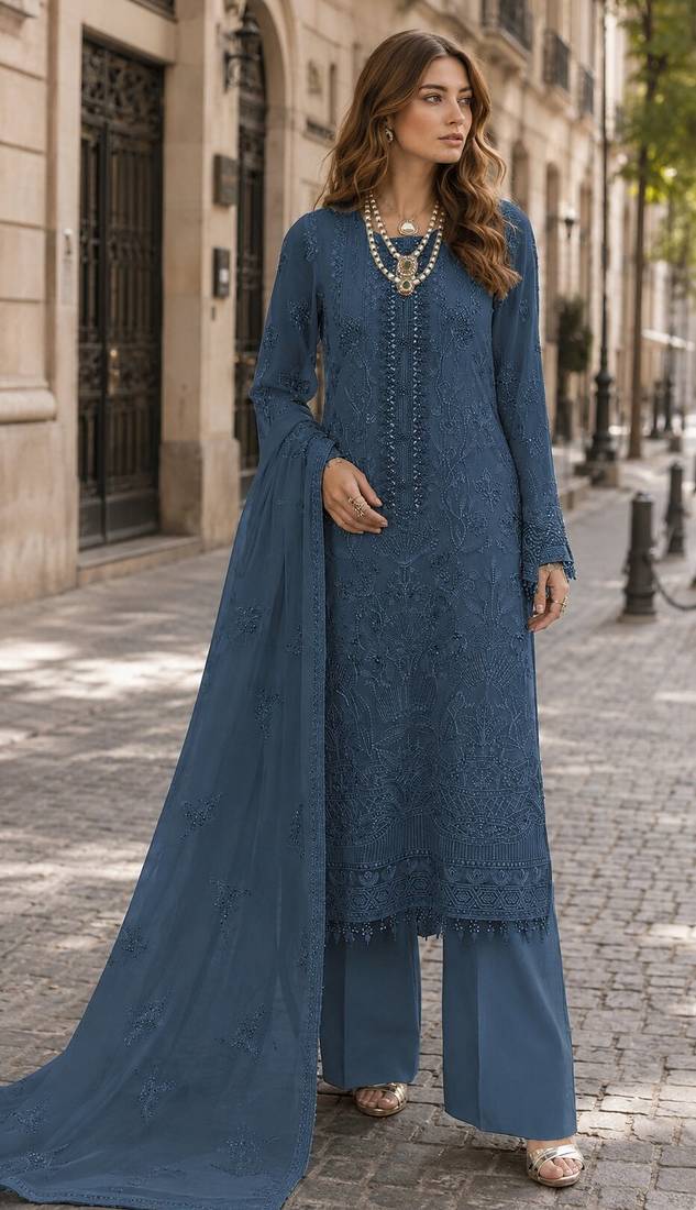 Blue faux georgette semi stitched suit with embroidery work