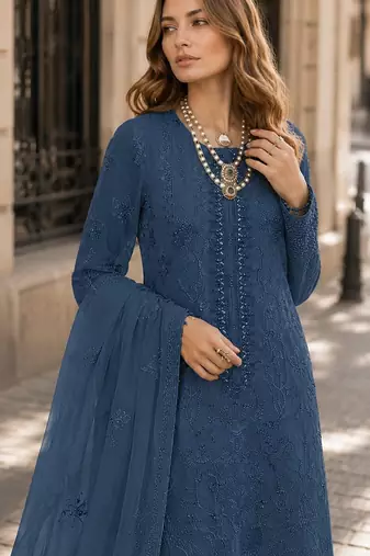 Blue faux georgette semi stitched suit with embroidery work