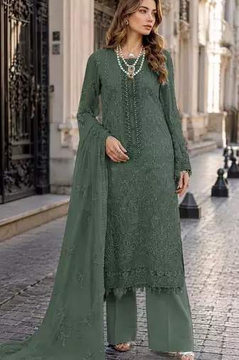 Green faux georgette semi stitched suit with embroidery work