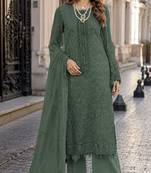 Green faux georgette semi stitched suit with embroidery work