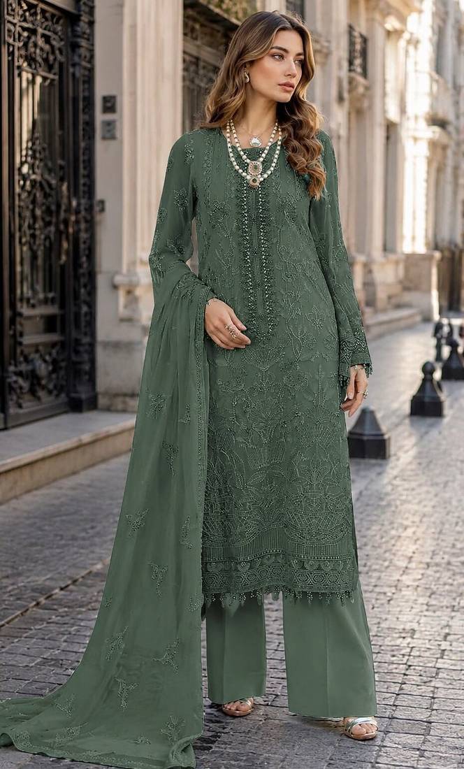 Green faux georgette semi stitched suit with embroidery work