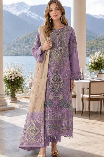 Purple silk semi stitched suit with embroidery & sequence work