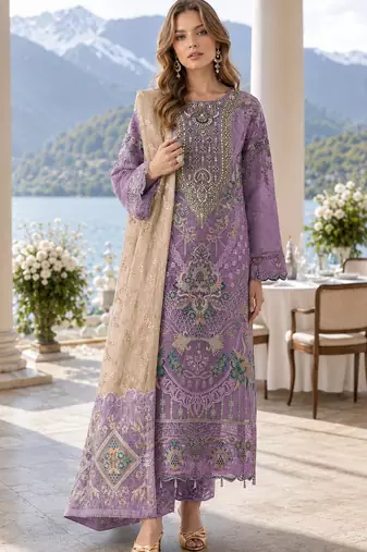 Purple silk semi stitched suit with embroidery & sequence work