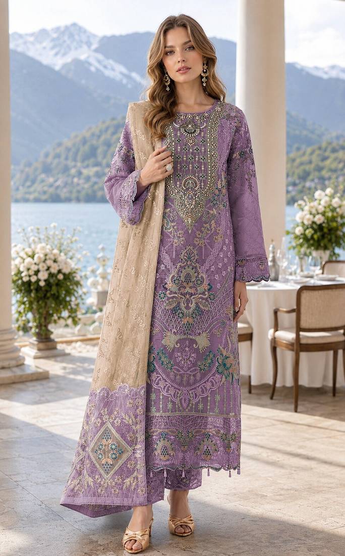 Purple silk semi stitched suit with embroidery & sequence work