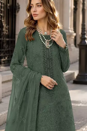 Green faux georgette semi stitched suit with embroidery work