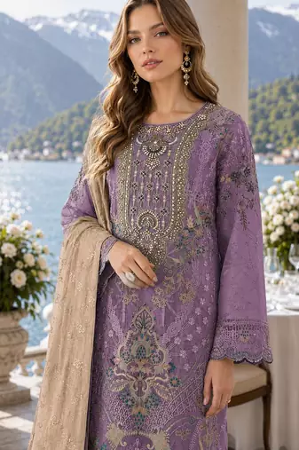 Purple silk semi stitched suit with embroidery & sequence work
