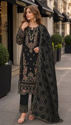 Black faux georgette suit with embroidery & sequin work 1