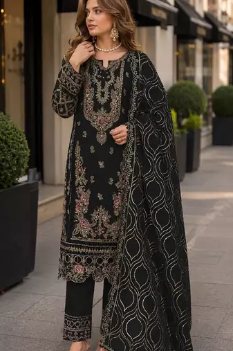 Black faux georgette semi stitched suit with embroidery & sequence work