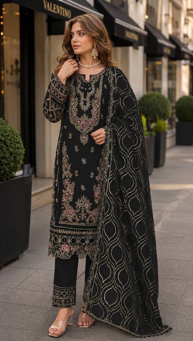 Black faux georgette semi stitched suit with embroidery & sequence work