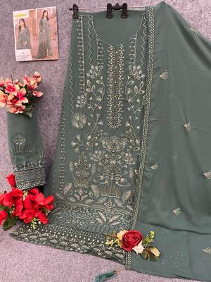 Green faux georgette suit with embroidery work 3