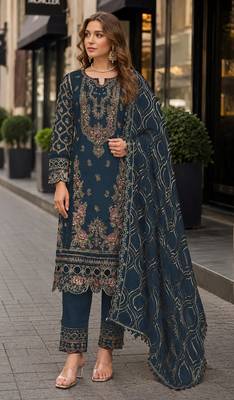 Navy faux georgette suit with embroidery & sequin work 1