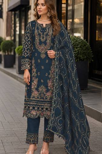 Navy faux georgette semi stitched suit with embroidery & sequence work
