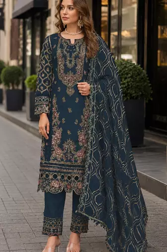 Navy faux georgette semi stitched suit with embroidery & sequence work