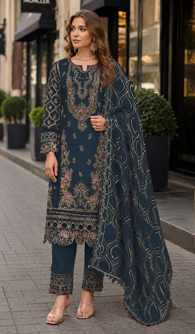 Navy faux georgette semi stitched suit with embroidery & sequence work