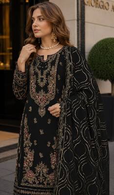 Black faux georgette suit with embroidery & sequin work 2