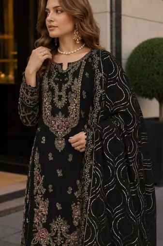 Black faux georgette semi stitched suit with embroidery & sequence work