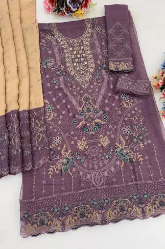 Purple silk semi stitched suit with embroidery & sequence work
