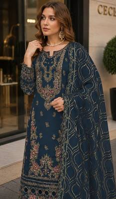 Navy faux georgette suit with embroidery & sequin work 2