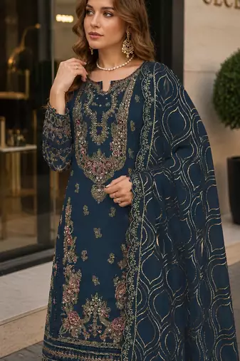 Navy faux georgette semi stitched suit with embroidery & sequence work