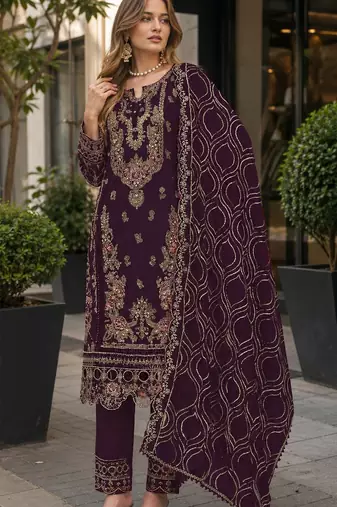 Purple faux georgette semi stitched suit with embroidery & sequence work