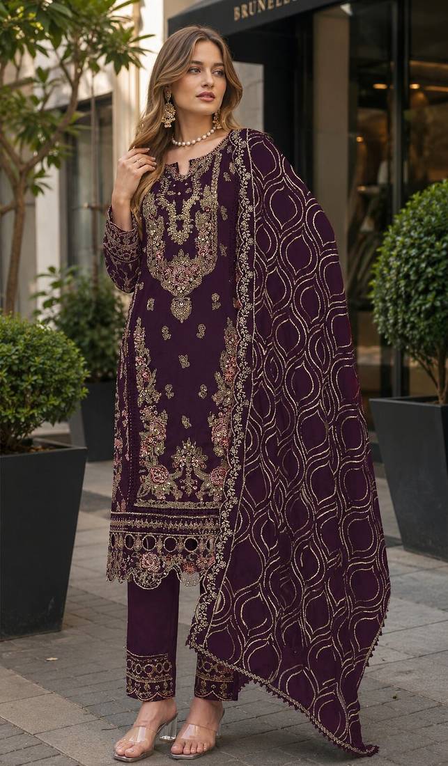 Purple faux georgette semi stitched suit with embroidery & sequence work