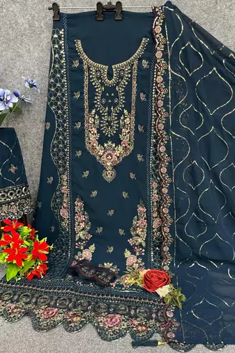 Navy faux georgette semi stitched suit with embroidery & sequence work