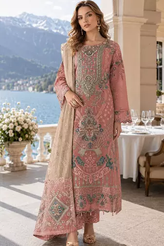 Peach silk semi stitched suit with embroidery & sequence work