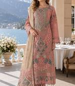 Peach silk semi stitched suit with embroidery & sequence work