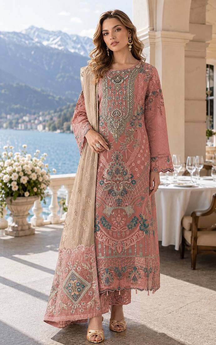 Peach silk semi stitched suit with embroidery & sequence work
