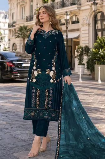 Green velvet semi stitched suit with embroidery sequence work